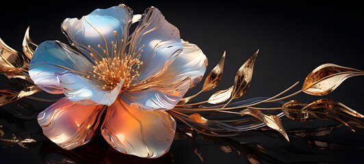 flower with glittercore skin and filigree transparent metallic rainbow leaf, ai generative