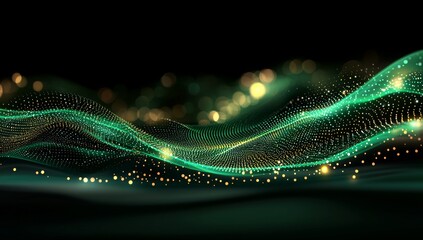 Poster - A minimalistic network of radiant green nodes with high-tech digital connections, featuring a depth of field effect