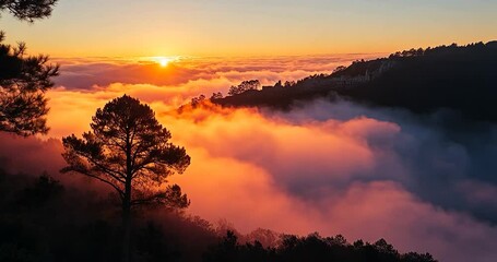 Poster - Mountain range with fog and sun rising over clouds in the morning