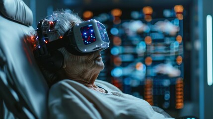Poster - An elderly woman engages in digital therapy using a virtual reality headset while seated comfortably in a telemedicine facility, focusing on mindfulness and mental health.