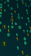 Poster - Green glowing binary matrix on a grid. Bokeh effect, vertical composition. Technology motion graphic.
