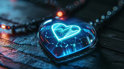 Poster - A heart shaped digital device glows with blue light, representing technology in mental health. It features a network design, reflecting mindfulness and telemedicine advancements.