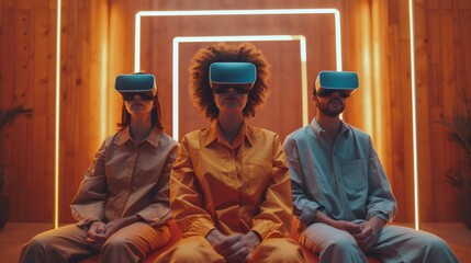 Poster - Three individuals engage with virtual reality headsets in a stylish space designed for enhancing mental health. Bright colors and ambient lighting create a relaxing atmosphere for therapy.