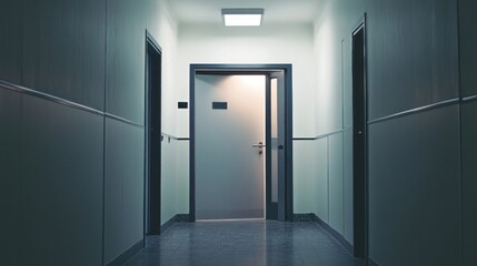 Poster - A warmly lit door stands ajar, casting soft light into a shadowy corridor. The muted colors of the walls enhance an air of intrigue, inviting curiosity about what lies beyond