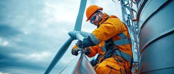 Poster - Maintenance team working on wind turbine blade with crane, making precise adjustments, ecofriendly renewable energy project, hightech equipment used for repair