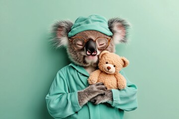 Sleepy koala cuddling a teddy bear in cozy pajamas on a pastel background