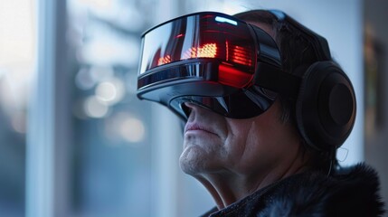 Poster - An individual engages in a virtual reality session focused on mindfulness and mental health improvement, wearing advanced VR equipment in a calming indoor environment.