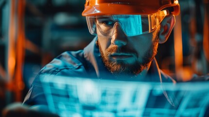 Poster - A focused worker wearing safety goggles and an orange hard hat analyzes holographic blueprints in a modern industrial environment during the evening.