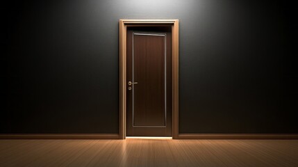 Fototapete - In a dimly lit space, a wooden door stands open, casting a warm glow onto the polished wooden floor. The contrast invites intrigue and a sense of wonder about what lies beyond