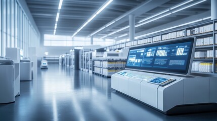 Poster - a modern, spacious control room featuring high-tech displays and organized storage, illuminated by b
