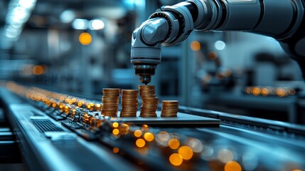 Poster - Robotic arms creating stacks of coins against a high-tech backdrop, illustrating automated riches