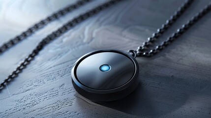 Poster - A sleek digital therapy device rests on a wooden surface, showcasing its blue indicator light. This tool promotes mindfulness and mental health in a modern lifestyle.