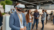 © Number One Studio - man wearing virtual reality goggles at technology exhibition, exploring immersive experiences. atmosphere is lively with attendees engaged in discussions