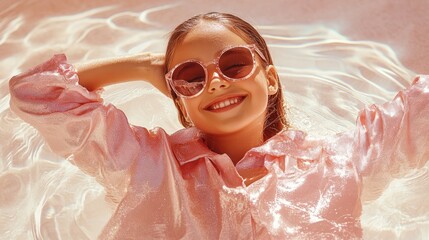 Wall Mural - A young girl enjoys a sunny day by wearing sunglasses while relaxing in a sparkling pool, embodying joy and carefree moments of summer fun.