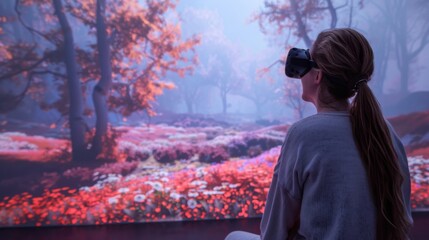 Poster - User engages with virtual reality to experience a serene digital environment designed for mindfulness and mental health improvement. The tranquil setting features vibrant flowers and trees.