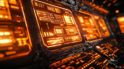 Poster - A detailed view of a smart sensor installed in machinery, with glowing icons showing how AI analyzes data to predict equipment performance and downtime