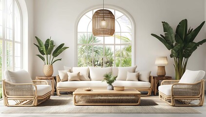 Wall Mural - Contemporary Living Room Decor with Rattan Furniture Bright Natural Light Modern Style