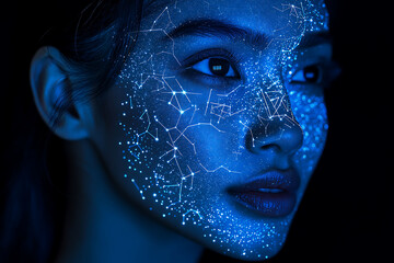 Female model with constellations projected on her face in a dark setting highlighting cosmic patterns and vibrant colors