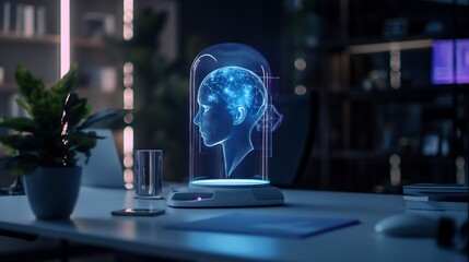 Poster - A futuristic AI agent displayed as a glowing humanoid hologram in an office, analyzing real-time business data streams using augmented reality, symbolizing generative AI-driven automation.