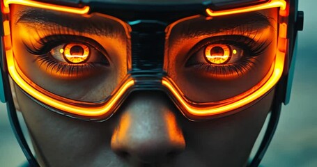 Poster - Close Up Of Woman With Neon Glasses And Glowing Eyes