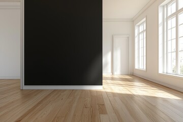 Poster - 3D RenderingA modern office waiting area featuring dark walls, light flooring, and a clean, minimalist furniture style