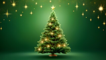 Poster - christmas tree and stars on a green background with copy space.