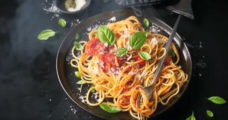 Poster - Spaghetti Pasta With Red Tomato Sauce On A Black Plate With Basil And Parmesan Cheese And Black Background