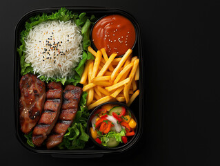 Wall Mural - 
picanha lunch box, with rice, fries, salad, inside a lunch box