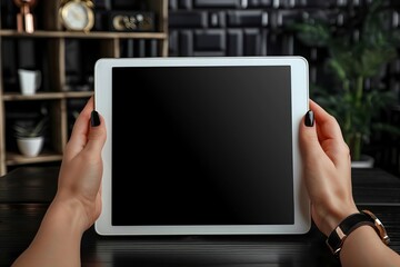 Poster - Woman with a blank screen digital tablet resting on a desk