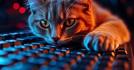 Aufkleber - Orange Cat on a Black Keyboard with Orange and Blue Lighting and Blurred Background