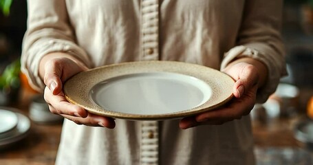 Poster - Woman Hands Holding A Plate, Rustic Brownish Toned Background with Selective Focus and a Blurred Background, Close Up