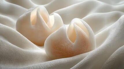 Poster - Two beige sculptures rest on soft, white fabric. The image is a study in texture and light. Silk texture. Sculptural Forms on Soft Fabric: A Study in Light and Texture