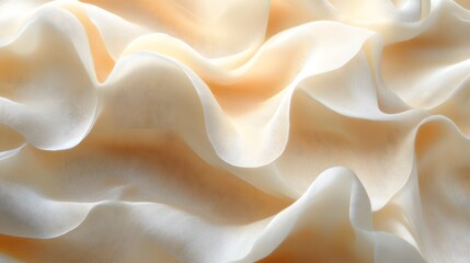 Poster - Close-up of a beautifully draped, creamy beige fabric with soft, flowing waves. Luxurious texture background. Silk texture. Creamy Beige Draped Fabric Texture Background