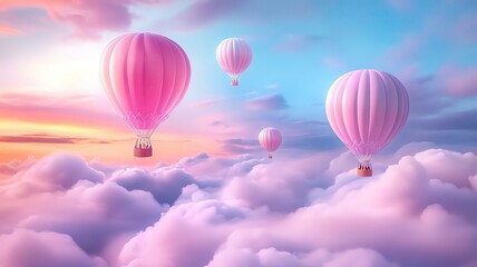  Colorful hot air balloons in serene sky.