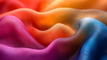 Poster - Close-up shot of colorful fabric with a rainbow gradient. Smooth waves and rich textures. Silk texture. Vibrant Rainbow Fabric Texture: A Symphony of Colors