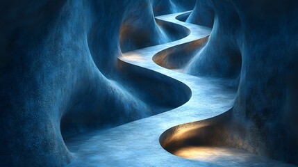Poster - A winding path inside a blue grotto. Abstract art showing a serene journey. Abstract Cave Pathway: A Serene Journey Through a Blue Grotto
