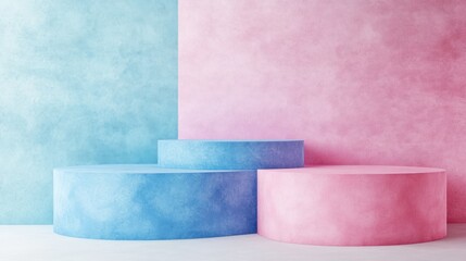 Canvas Print - Pastel pink and blue cylindrical podiums against a textured wall.