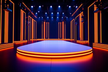 Poster - A modern exhibition space with a dark ceiling and lighting fixtures features a curved blank digital display screen