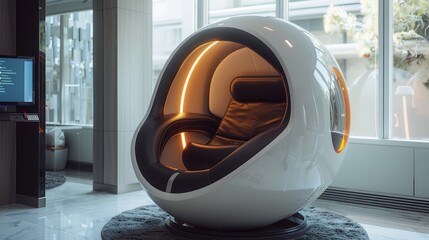 Poster - A unique digital therapy pod offers a relaxing space for mindfulness and mental health improvement. The contemporary design features soft lighting and comfortable seating.