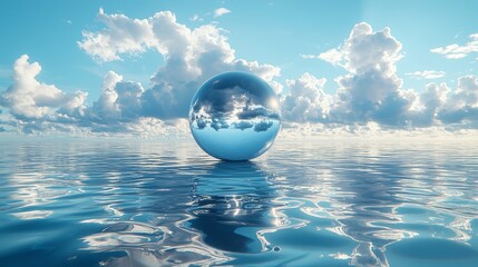 Poster - A metallic sphere suspended in water, its surface perfectly reflecting the blue sky, embodies a serene high-tech atmosphere