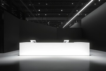 Poster - A clean, open exhibition stage with white panels in a dimly lit room, perfect for branding efforts, product displays, or creative presentations. 3D Rendering