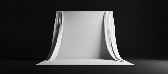 Poster - A blank white exhibition booth with curved backdrop and side panels stands on a dark indoor tradeshow floor, illuminated by overhead lighting. 3D Rendering