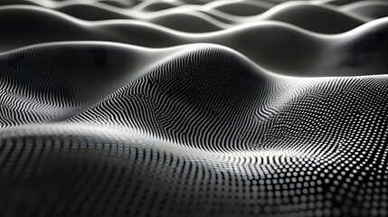 Poster - Abstract digital artwork featuring undulating waves of dots, creating a grayscale landscape. Abstract Monochromatic Waves: A Digital Landscape of Dots and Curves