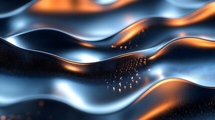 Poster - Abstract image of undulating metallic waves, with vibrant blue and orange highlights. A stunning visual display of texture and form. Abstract Metal Waves: A Symphony of Blue and Orange Hues