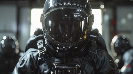 Poster - Astronauts dressed in advanced spacesuits gather for a space mission briefing inside a modern training facility filled with artificial lighting.