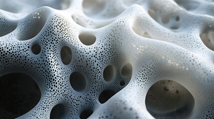 Poster - Close-up view of a 3D rendered abstract cellular structure. The image showcases an organic, porous surface with intricate detail. Cellular Structure, Organic Form, Porous Surface