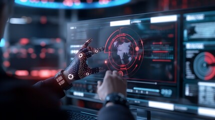 Poster - An augmented reality visualization of an AI-powered cybersecurity agent monitoring network traffic, detecting threats, and analyzing encrypted data streams, ensuring robust digital security.