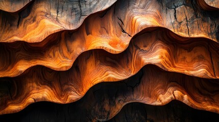 Poster - Close-up view of an abstract wooden sculpture. The waves of wood create a visually captivating piece. Abstract Wooden Sculpture: Waves of Carved Wood