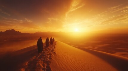 Wall Mural - Giraffes stroll gracefully across a desert landscape during sunset, with a stunning sky providing a vibrant backdrop to the serene scene.