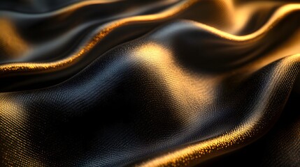 Poster - Close-up view of luxurious black silk fabric with golden highlights. The texture and folds create an elegant and rich look. Golden Hour Drape: Luxurious Silk Fabric Texture